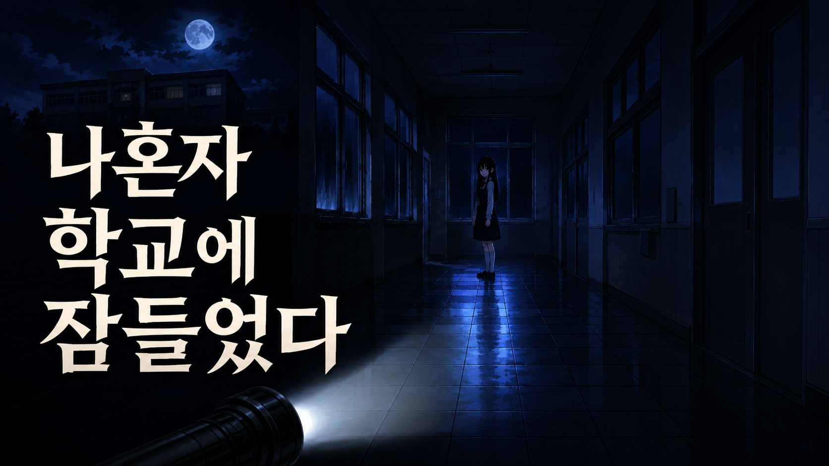 나혼자 학교에 잠들었다. 달빛 아래 학교 복도와 멀리 서 있는 학생을 그린 게임 표지
