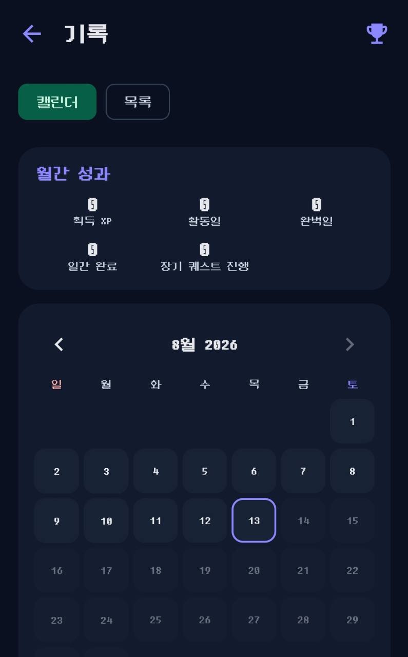 월간 성과와 2026년 8월 활동일을 보여주는 Daily XP Todo 기록 화면