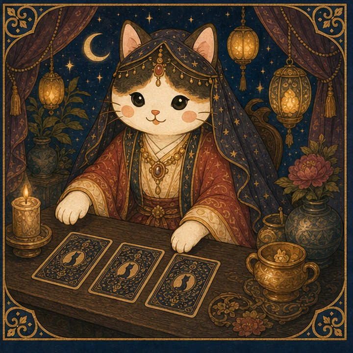 세 장의 카드를 펼치는 고양이 타로 리더